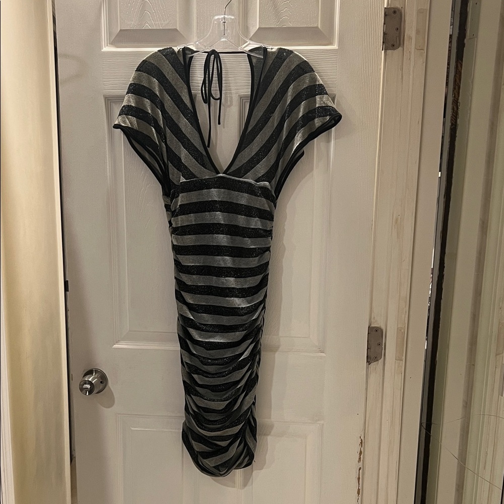 Vintage Striped V-Neck Ruched Midi Dress - Black and Gray Sparkle